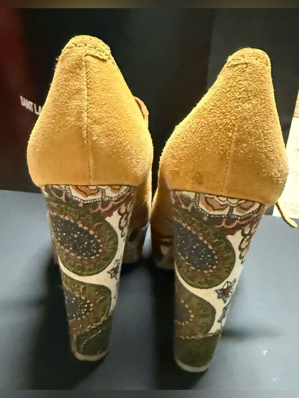 Lucky Brand Mustard Yellow Suede Mary Jane Peep-Toe Platform Pumps
